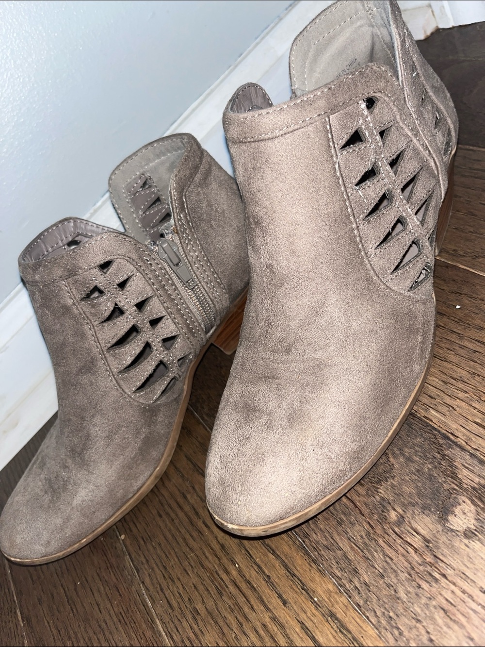 Cutout Taupe Suede Ankle Booties - Women's Stylish Zip Boots